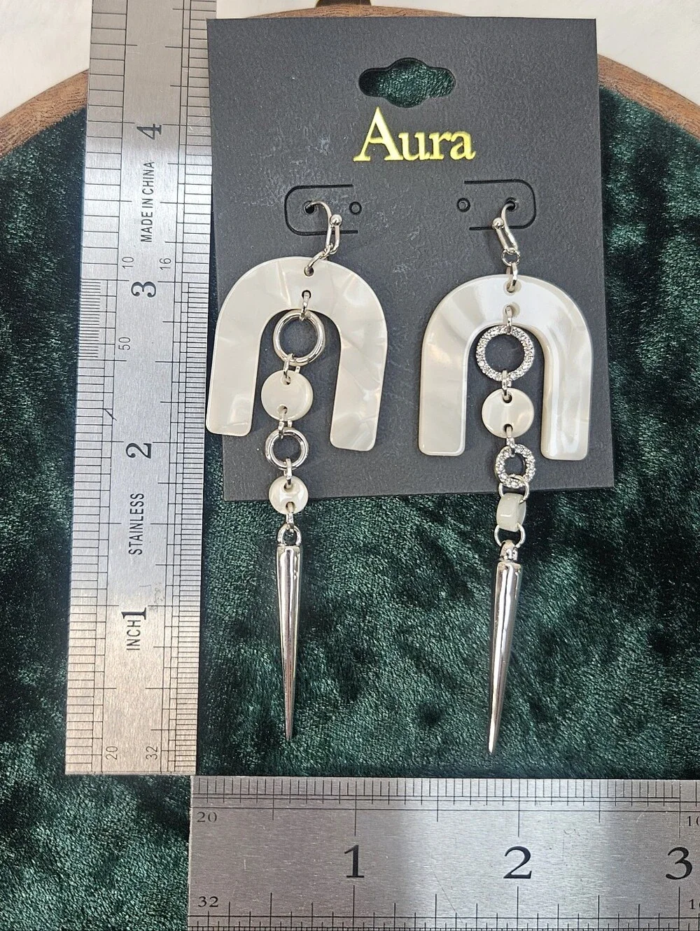 Aura Marbled Cream Arch Drop Earrings with Silver Spike